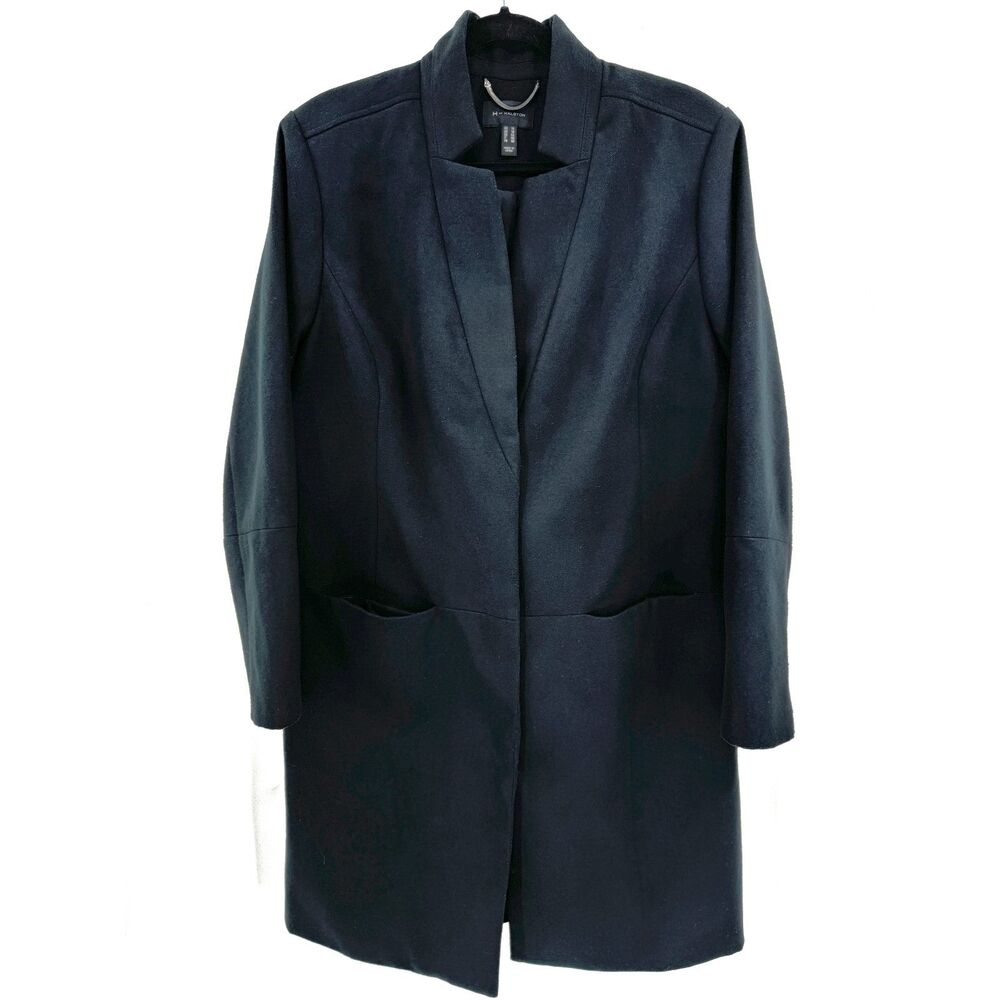H BY HALSTON Black Snap Front Long Modern Minimalist Peacoat Coat Size 14